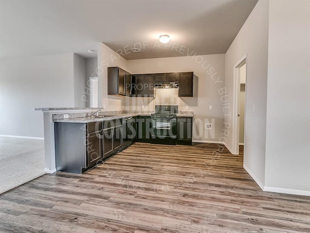 kitchen featuring light wood-type flooring, light stone counters, gas stove, dark brown cabinetry, and sink