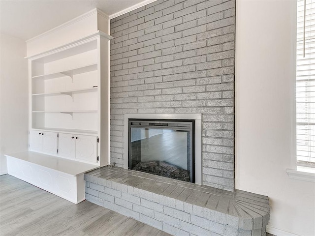 details featuring a fireplace, hardwood / wood-style floors, and ornamental molding