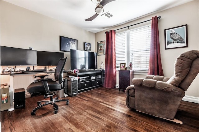 office space with hardwood / wood-style flooring and ceiling fan