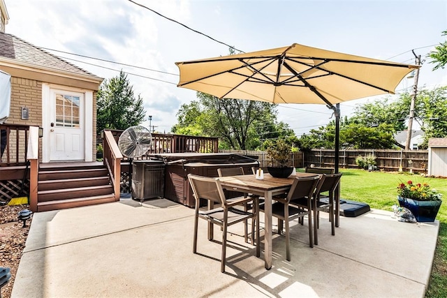 view of patio / terrace featuring a hot tub