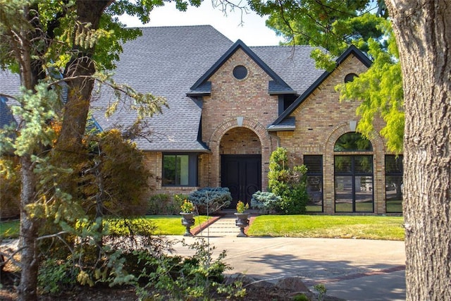 view of front of house featuring brick siding, a front yard, and roof with shingles