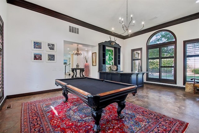 rec room with visible vents, baseboards, a notable chandelier, and concrete floors