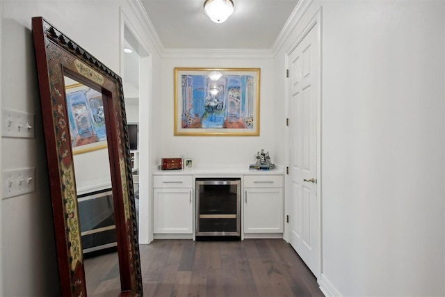 bar with wine cooler, dark wood-type flooring, ornamental molding, and a bar