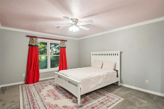 bedroom featuring carpet flooring, ceiling fan, and crown molding