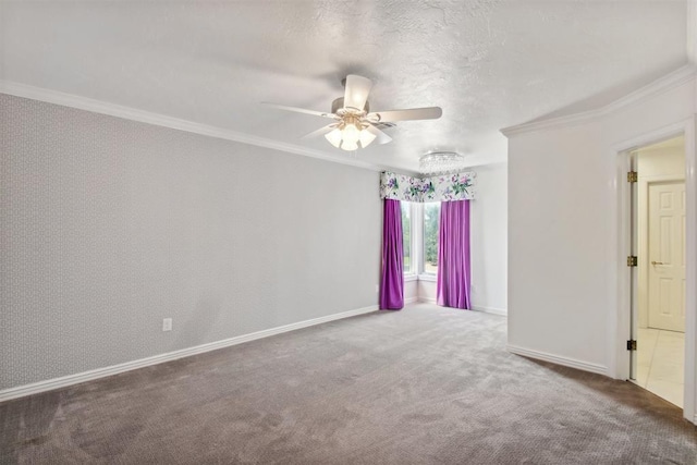 carpeted spare room with ceiling fan and ornamental molding