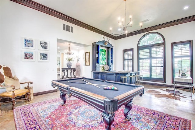 5801 Oak Tree Rd, Edmond, OK 73025 - playroom with a chandelier, ornamental molding, and billiards