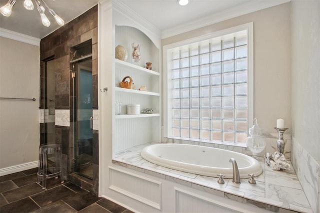5801 Oak Tree Rd, Edmond, OK 73025 - full bath with ornamental molding, a bath, a stall shower, and built in shelves