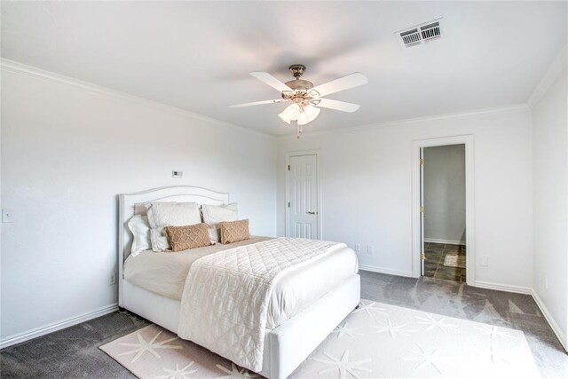 5801 Oak Tree Rd, Edmond, OK 73025 - carpeted bedroom featuring crown molding and ceiling fan