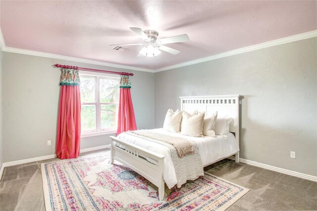5801 Oak Tree Rd, Edmond, OK 73025 - carpeted bedroom with a ceiling fan and ornamental molding