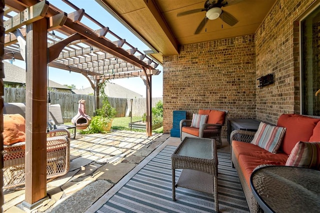 view of patio / terrace with a pergola, ceiling fan, and an outdoor hangout area