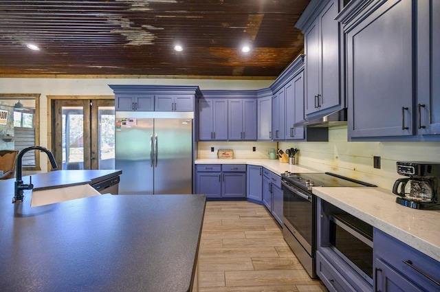 kitchen featuring blue cabinetry, sink, wood ceiling, and appliances with stainless steel finishes