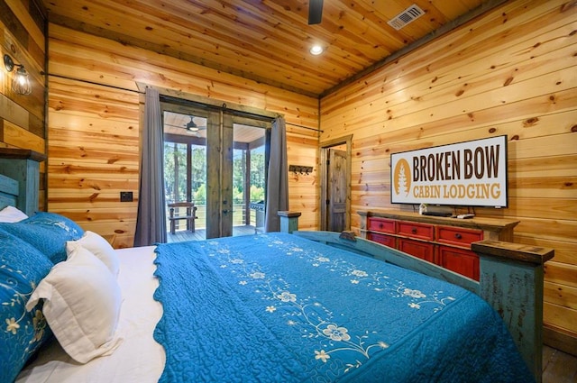 bedroom featuring access to exterior, french doors, wooden walls, and wood ceiling