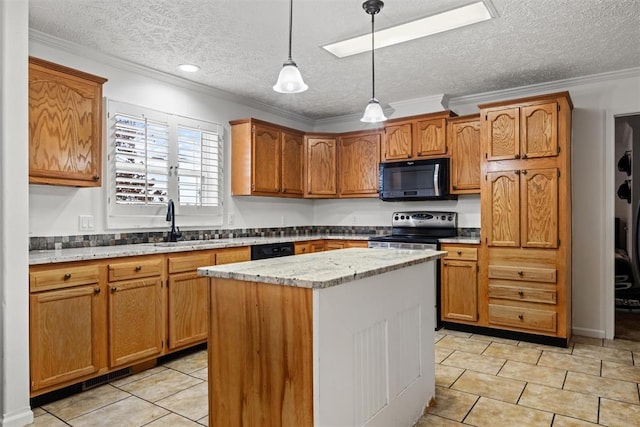 kitchen featuring a center island, black appliances, ornamental molding, a textured ceiling, and decorative light fixtures