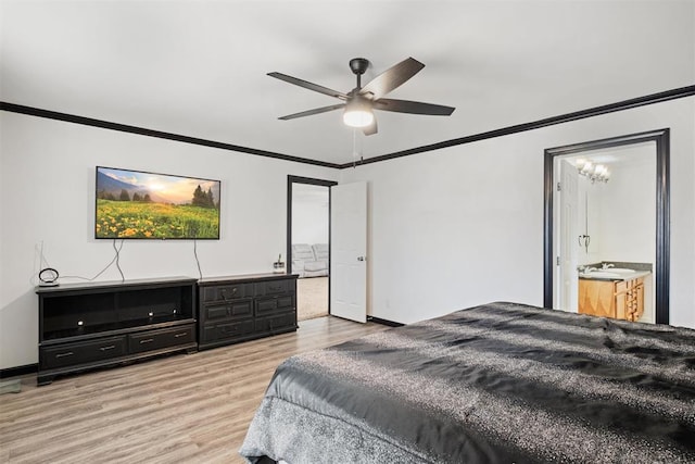 bedroom with ensuite bath, ceiling fan, ornamental molding, and light wood-type flooring