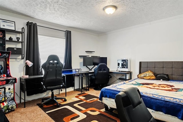 carpeted bedroom featuring ornamental molding and a textured ceiling