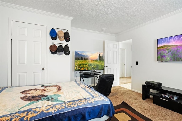 bedroom with crown molding, light carpet, and a textured ceiling