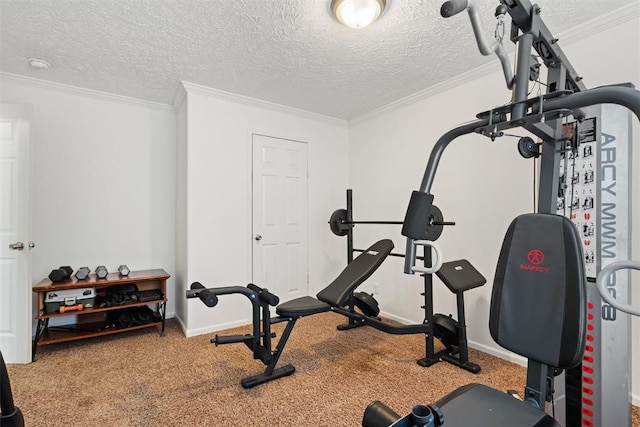 exercise area with carpet flooring, a textured ceiling, and ornamental molding