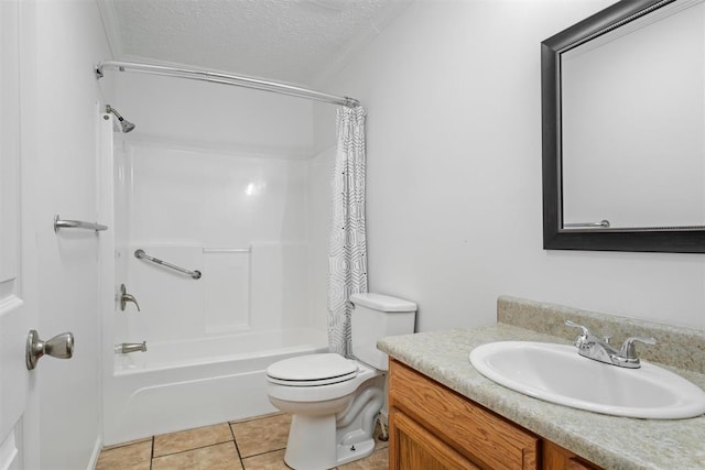 full bathroom featuring shower / bath combination with curtain, tile patterned floors, vanity, a textured ceiling, and toilet