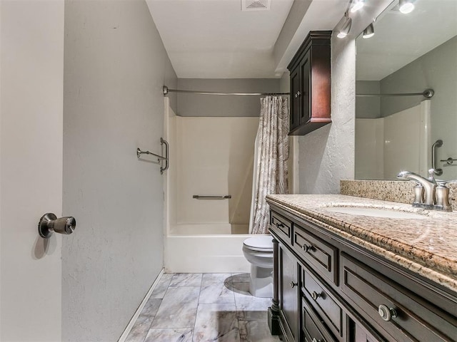 full bathroom featuring vanity, toilet, and shower / tub combo with curtain