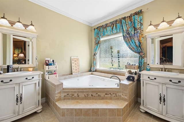 bathroom with vanity, tile patterned flooring, ornamental molding, and tiled bath