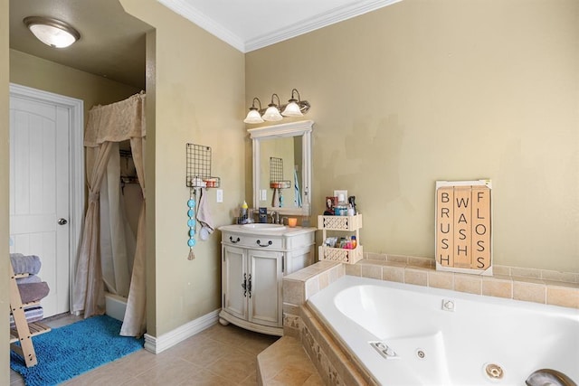 bathroom with tile patterned floors, ornamental molding, tiled bath, and vanity