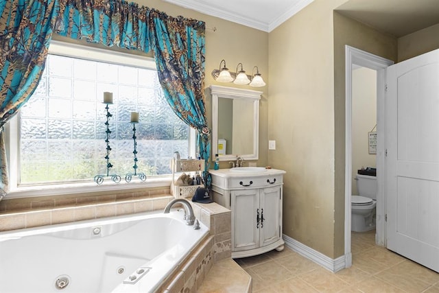 bathroom with tiled bath, ornamental molding, vanity, toilet, and tile patterned floors