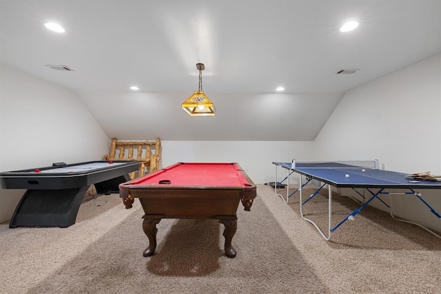 recreation room featuring lofted ceiling, light carpet, and pool table