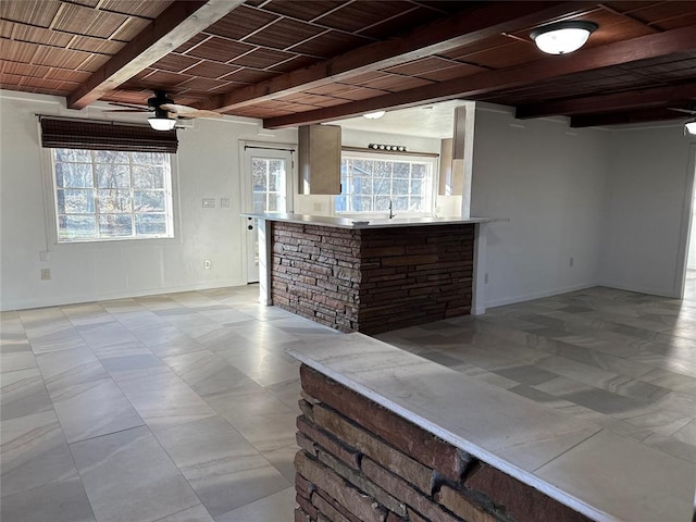 interior space with ceiling fan, wooden ceiling, sink, and beamed ceiling