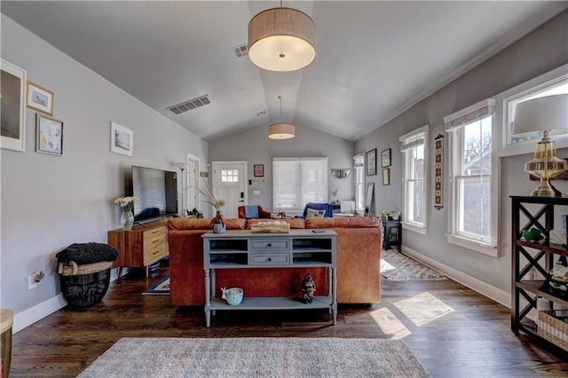 interior space featuring dark hardwood / wood-style flooring and lofted ceiling