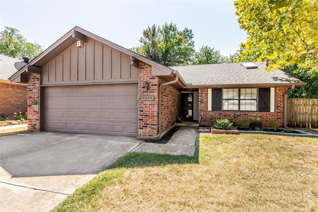 single story home featuring a garage and a front yard