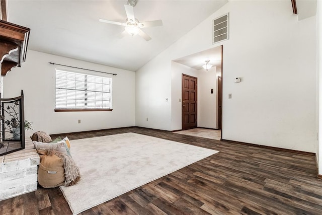 living room featuring hardwood / wood-style floors, ceiling fan, and high vaulted ceiling