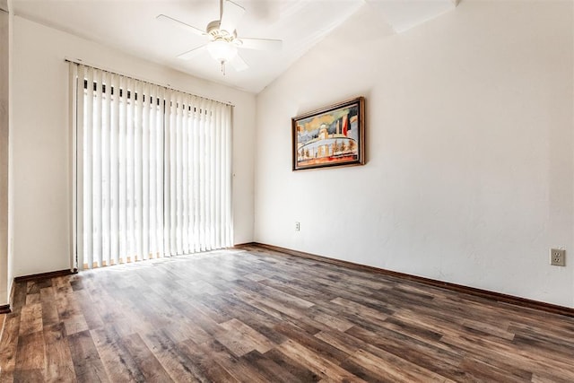 unfurnished room with hardwood / wood-style floors, ceiling fan, and lofted ceiling