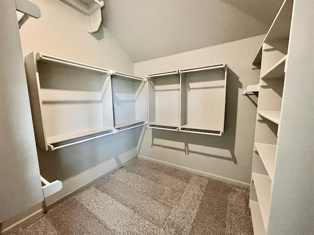 spacious closet featuring carpet flooring and vaulted ceiling