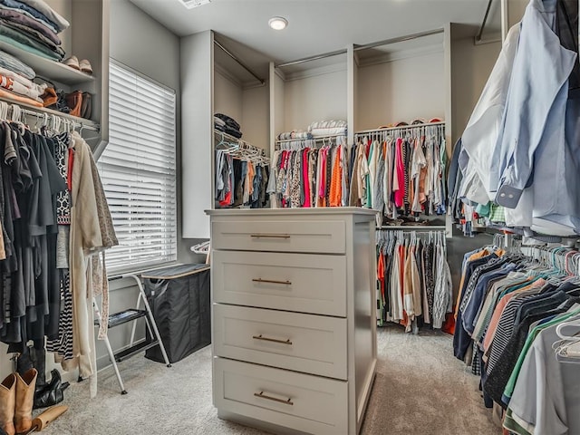 walk in closet with light colored carpet