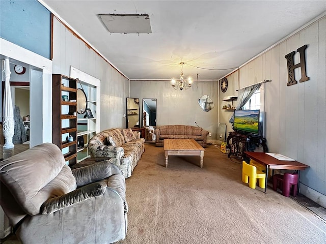 carpeted living room with wooden walls, an inviting chandelier, and built in features