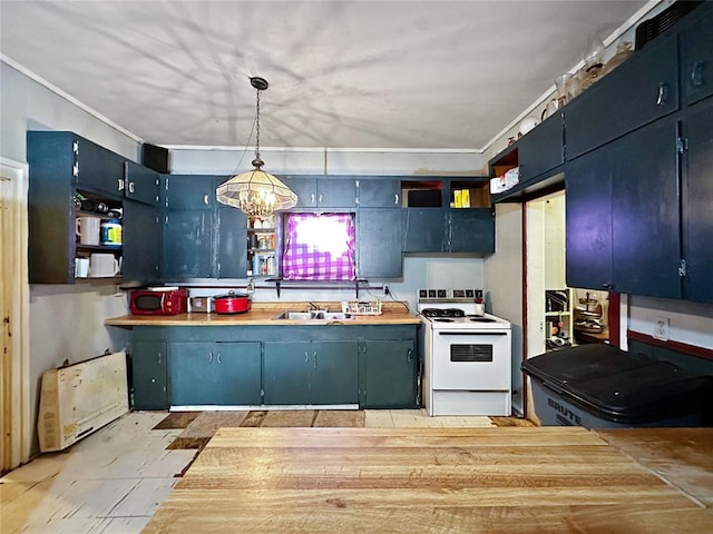 kitchen with decorative light fixtures, a notable chandelier, wooden counters, electric range, and blue cabinets