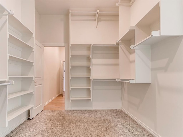 walk in closet with light carpet