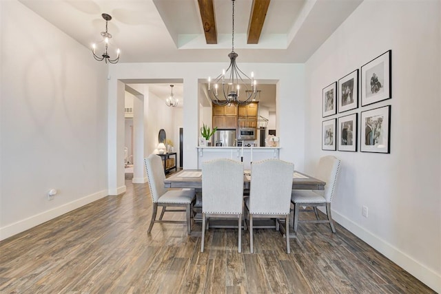 dining area with dark hardwood / wood-style flooring, beamed ceiling, and a notable chandelier