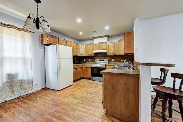 kitchen featuring freestanding refrigerator, light wood-type flooring, under cabinet range hood, a sink, and stainless steel electric range oven