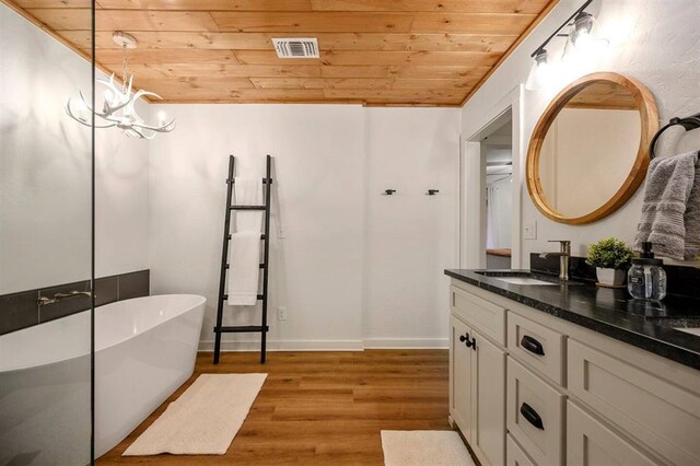 bathroom featuring a bathtub, vanity, wooden ceiling, a chandelier, and hardwood / wood-style floors