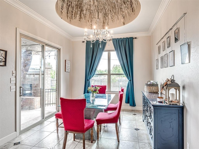 tiled dining space with a raised ceiling and a notable chandelier