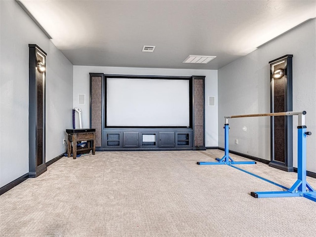 home theater room with light carpet