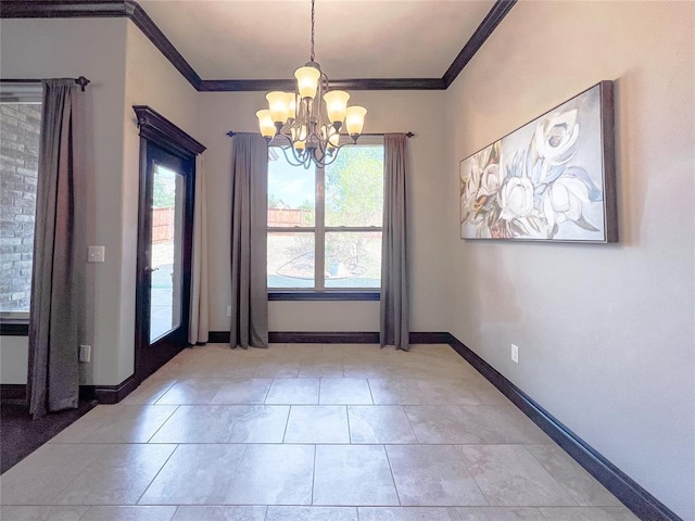 unfurnished dining area featuring a chandelier, crown molding, and light tile patterned flooring