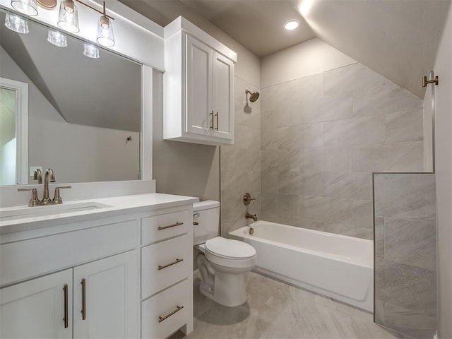 bathroom with recessed lighting, bathing tub / shower combination, toilet, and vanity