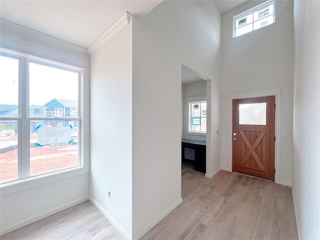 entrance foyer featuring light wood-type flooring, baseboards, and ornamental molding