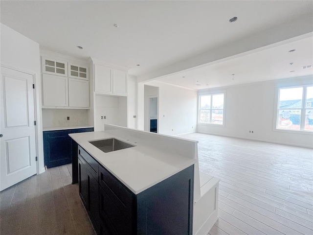 kitchen with light wood finished floors, a sink, dark cabinets, light countertops, and a kitchen island with sink