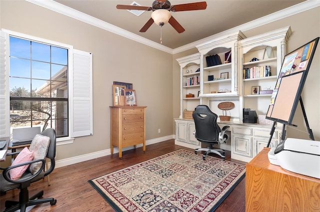 home office featuring ceiling fan, dark hardwood / wood-style flooring, and crown molding