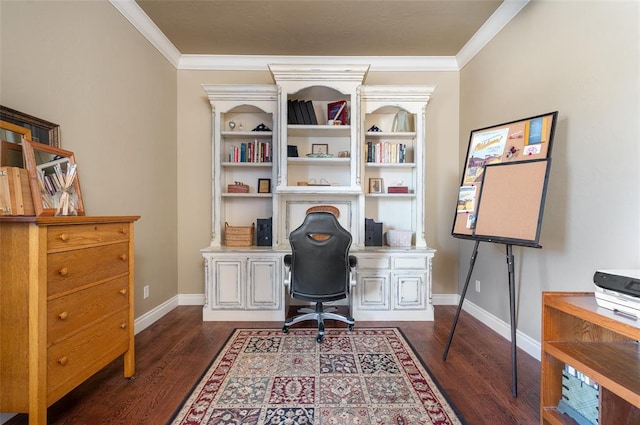 office featuring crown molding and dark hardwood / wood-style flooring