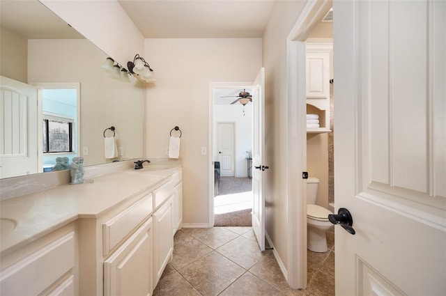 bathroom with tile patterned floors, vanity, toilet, and ceiling fan