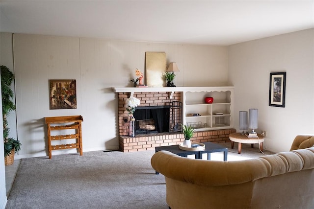 carpeted living room featuring a brick fireplace